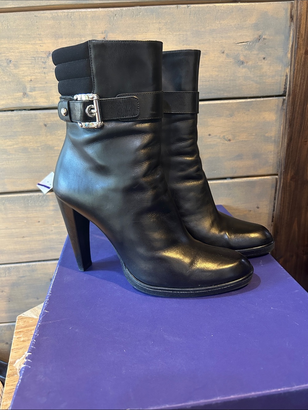 Stuart Weitzman Black Leather High-Heel Ankle Boots with Buckle